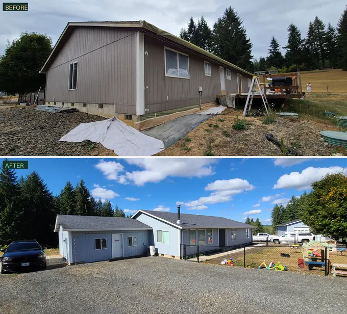 Before and after: tan house exterior repainted gray-blue with white trim