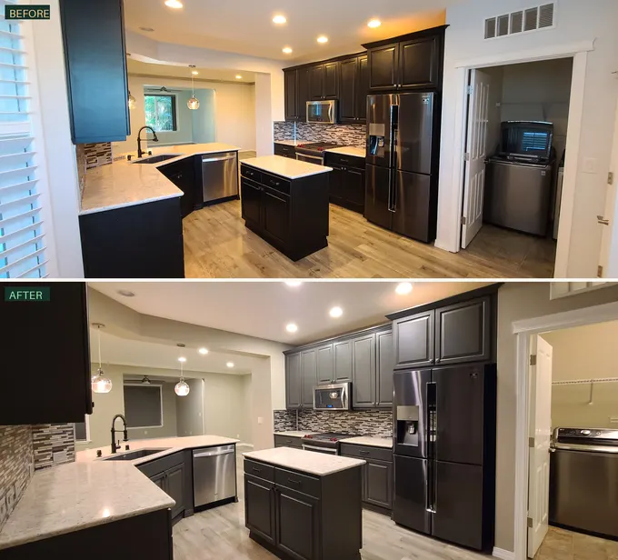 Before and after: espresso kitchen cabinets refinished in charcoal gray