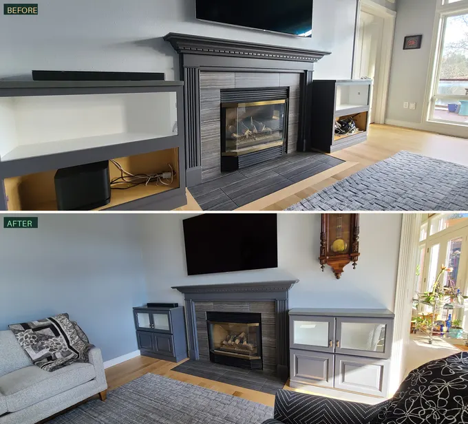 Before and after: fireplace mantle and built-ins painted slate gray